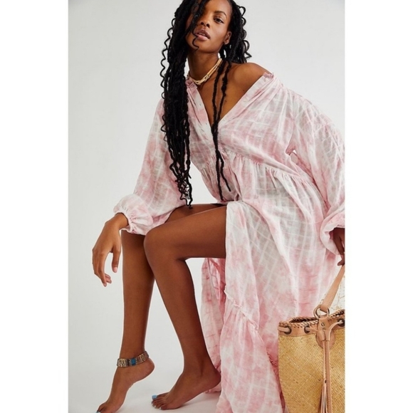 Free People Edie Maxi Dress LS Button Front Tiered Pleated Washed Rose XS NWT - Picture 3 of 16